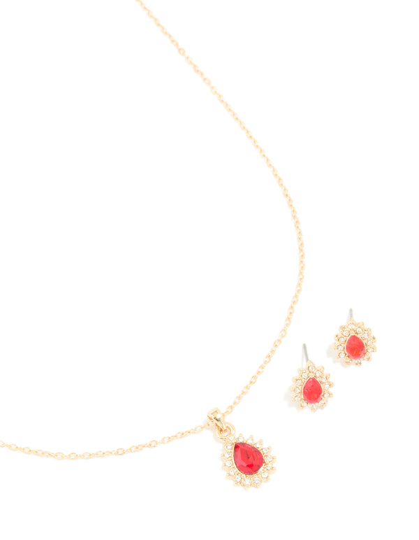 Gold Red Diamante Pear Border Pendant Necklace & Earrings Set