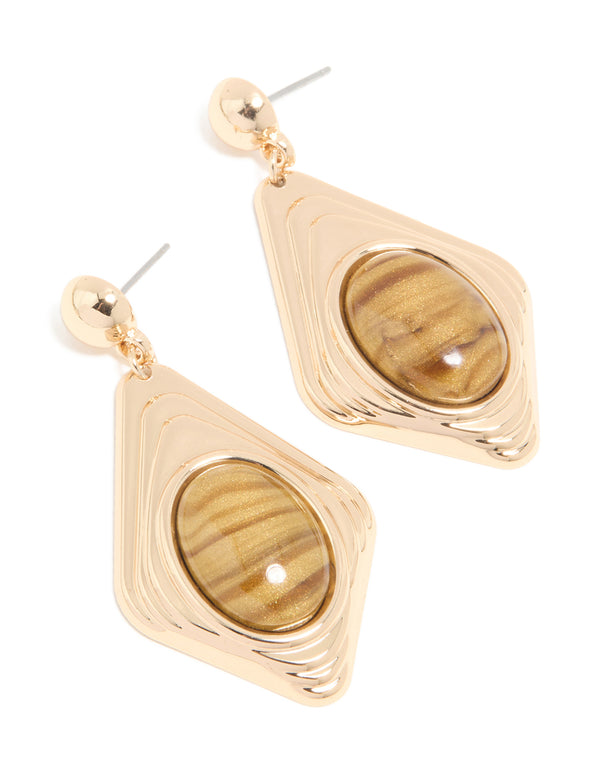 Gold Brown Stone Ripple Rhombus Drop Earrings