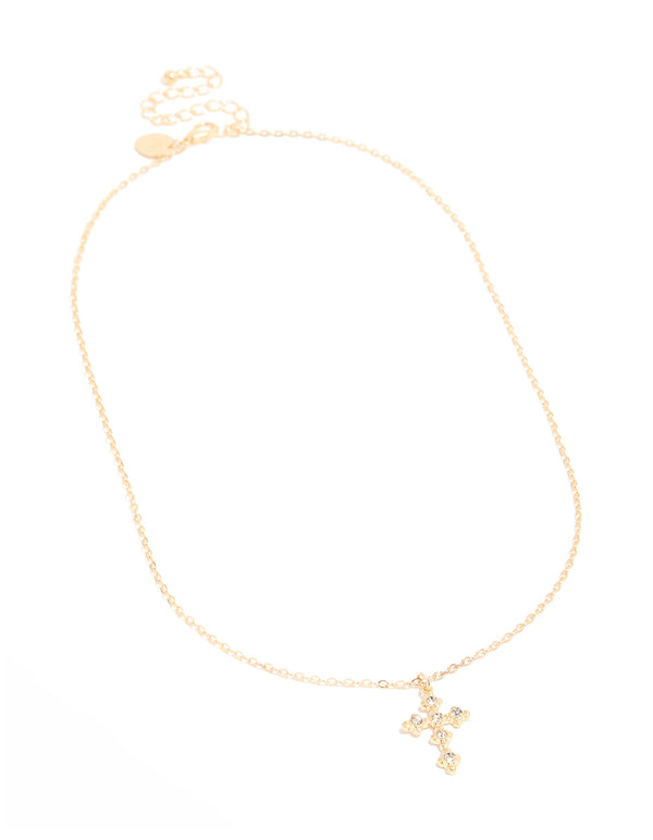 Gold Diamante Vintage Cross Pendant Necklace