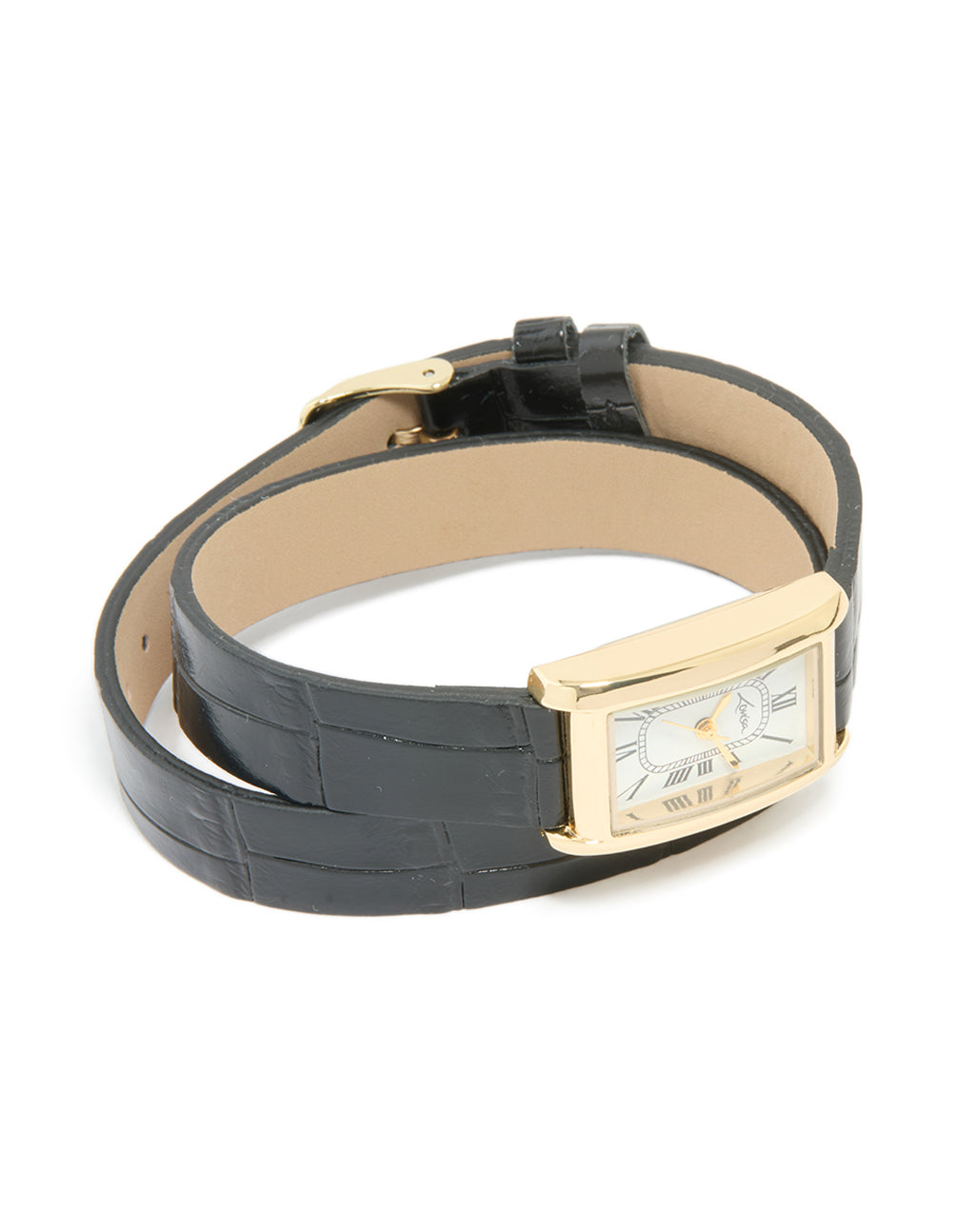 Elegantly designed, this women's analog watch with white dial featuring roman numerals, rectangular shape, formal styling, black PU leather strap, and gold accents front view