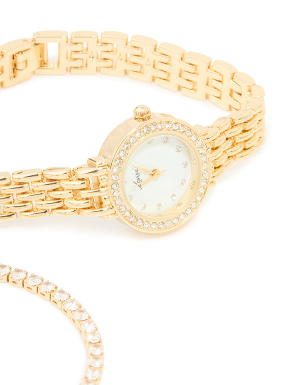 Gold Diamante Watch & Bracelets Set