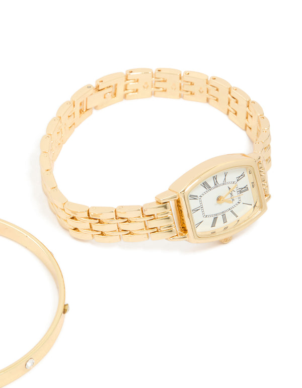 Gold Diamante Roman Numeral Watch & Wrist Cuff Set
