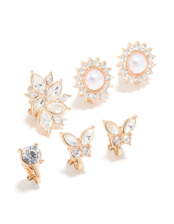 Gold Pearl & Diamante Butterfly Clip On Earrings 5-Pack