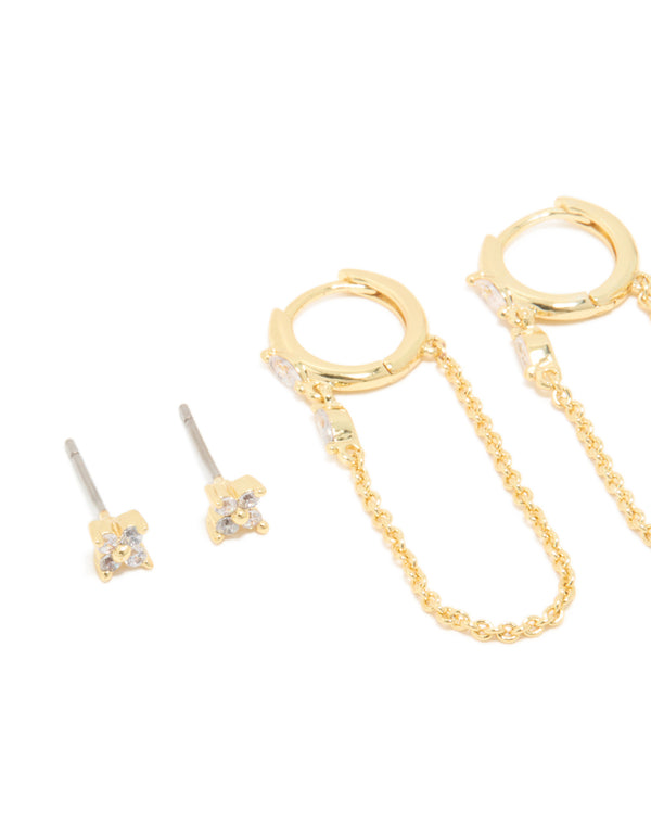 Beautifully crafted gold plated cubic zirconia flower studs and huggie earrings 4-pack with charm and floral features close up view