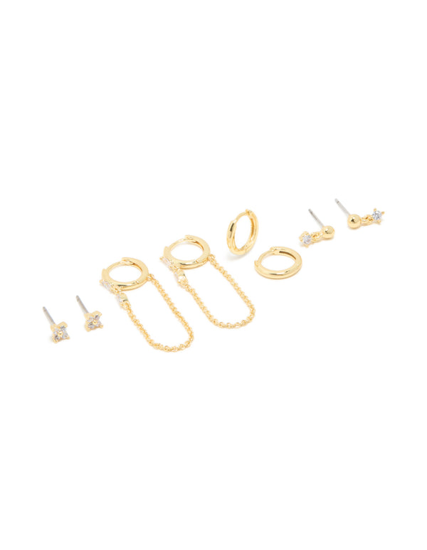 Discover this gold plated cubic zirconia flower studs and huggie earrings 4-pack featuring charm details with floral accents front view