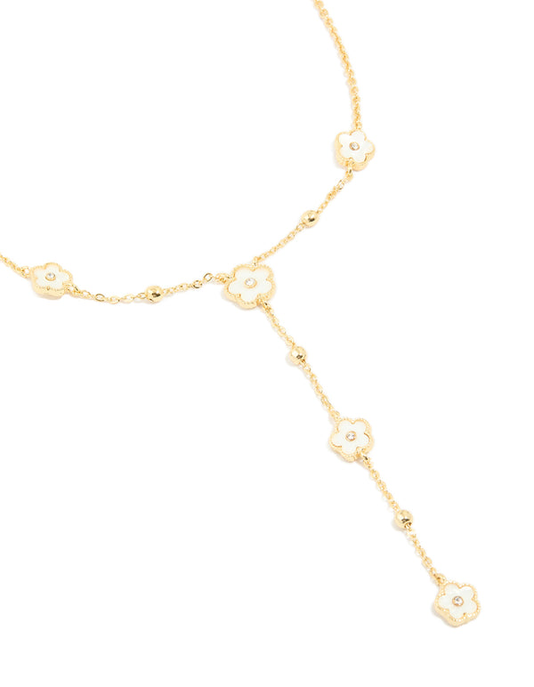 Gold Plated Diamante White Flower Y-Necklace