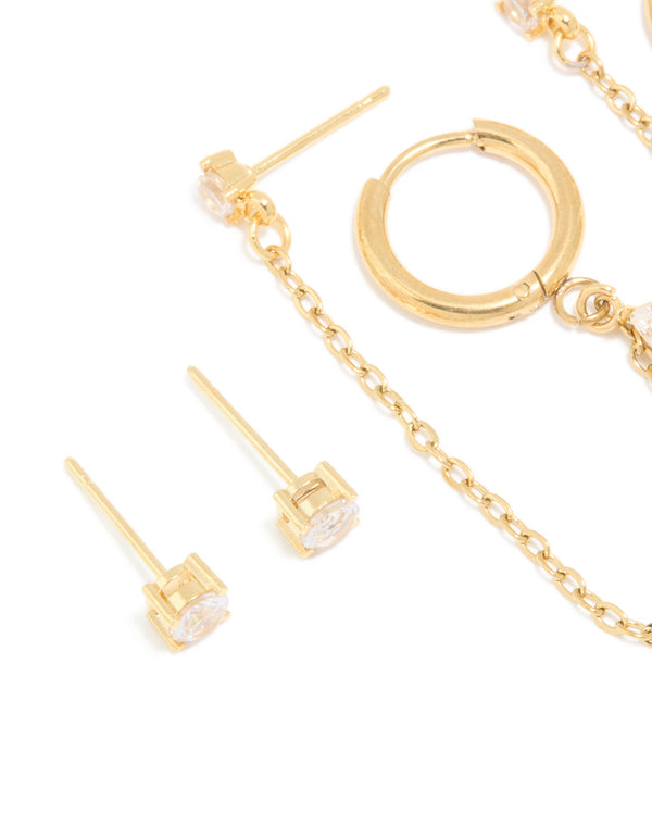 Crafted from waterproof gold plated stainless steel cubic zirconia ear stacking pack huggie closure close up view
