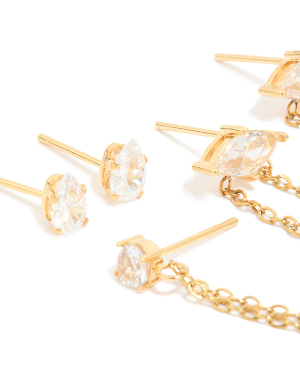 Beautifully crafted waterproof gold plated stainless steel cubic zirconia marquise clicker and studs in a 3-pack huggie closure close up view