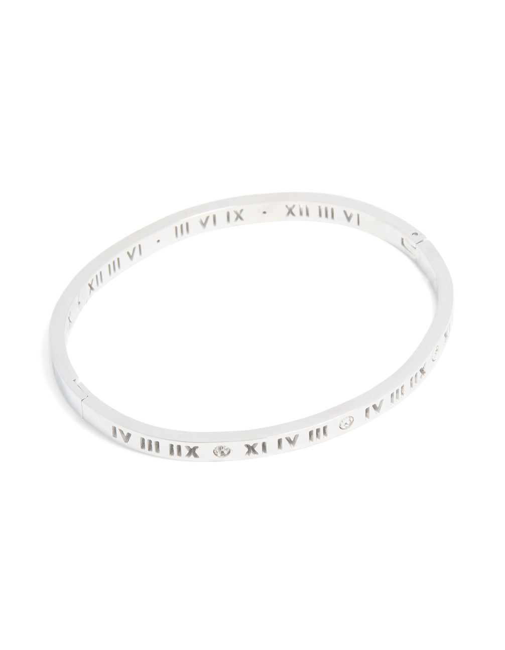 Crafted from waterproof stainless steel, this diamante Roman numeral hinge bangle in silver with clear stones front view