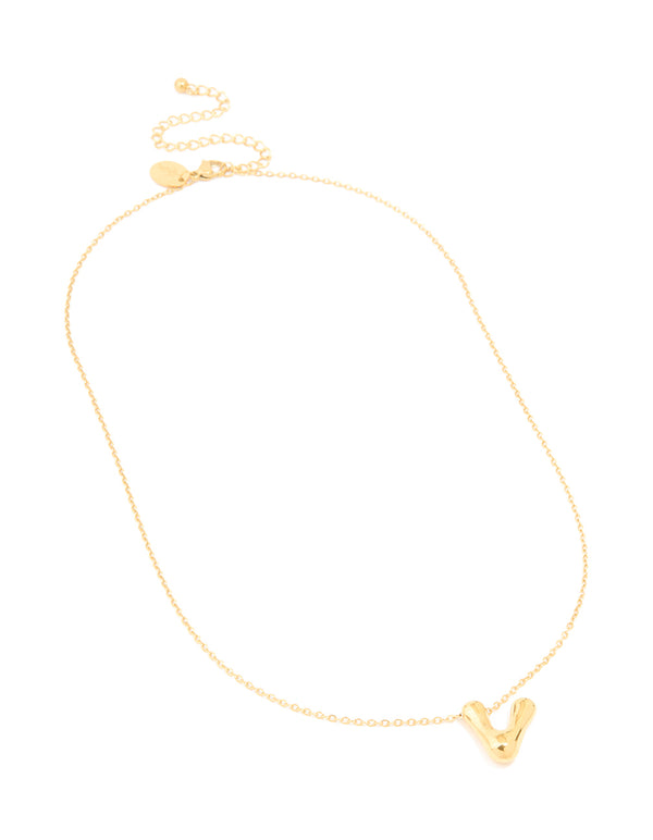 Crafted from waterproof gold plated stainless steel large bubble letter V initial pendant necklace front view