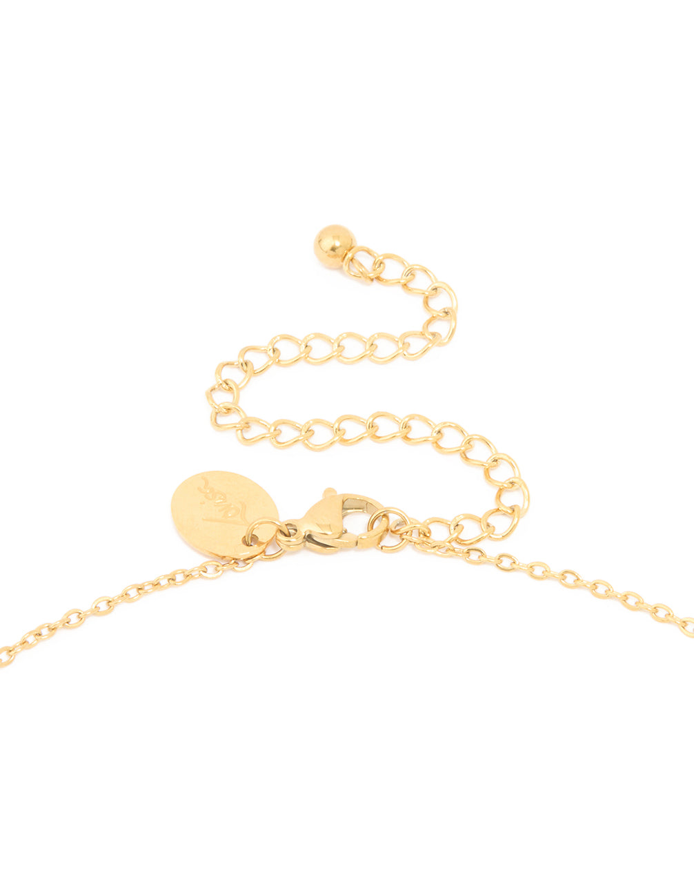 Presenting a waterproof gold plated stainless steel large bubble letter V initial pendant necklace clasp detail view