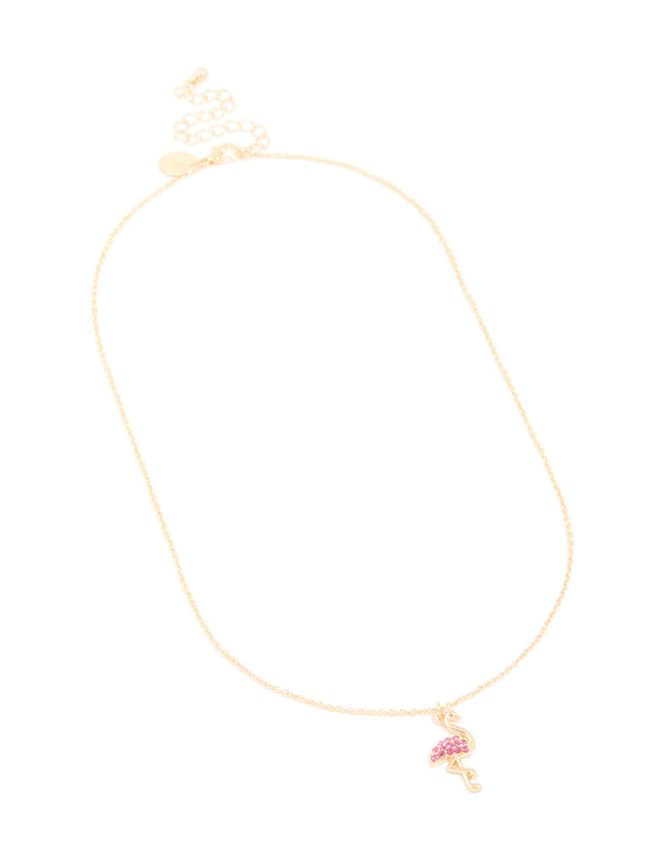 Gold Pink Diamante Flamingo Pendant Necklace