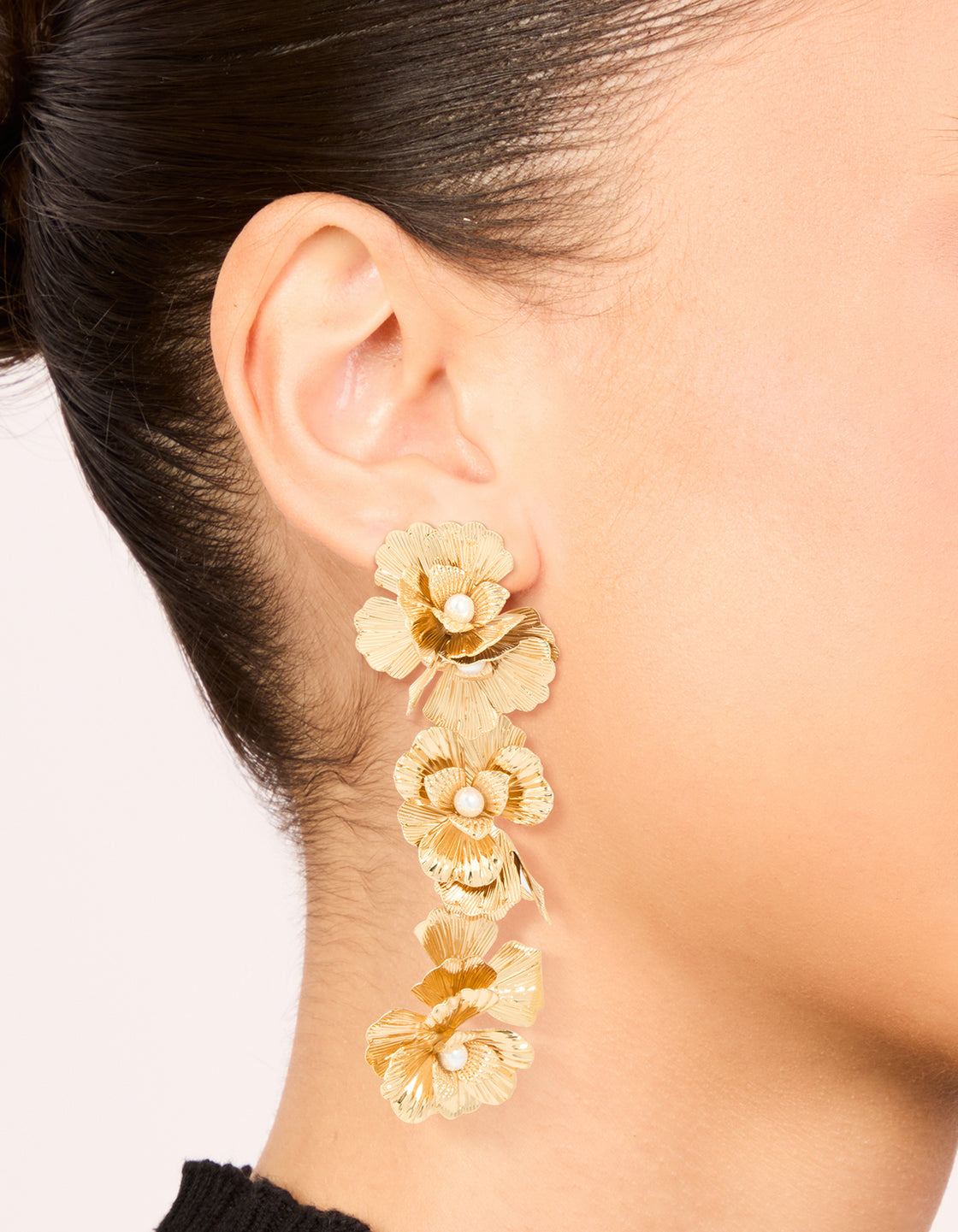 Gold Molten & Pearl Flower Drop Earrings