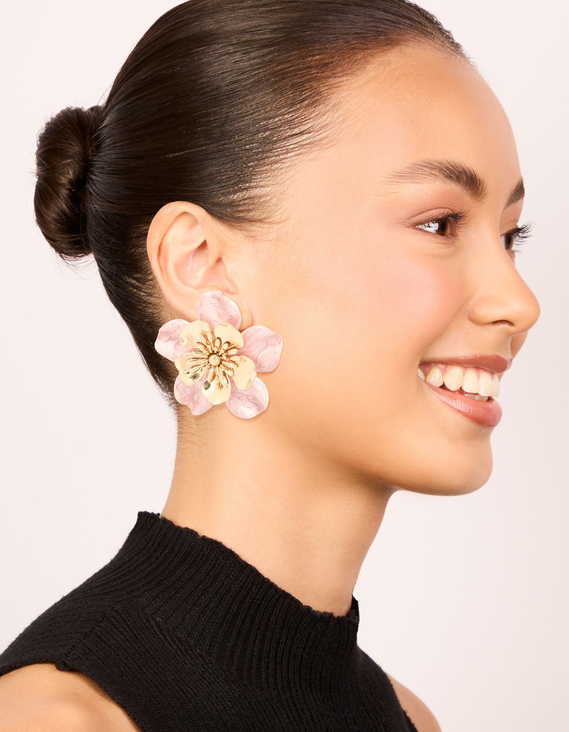 Gold Pink Enamel Layered Flower Stud Earrings