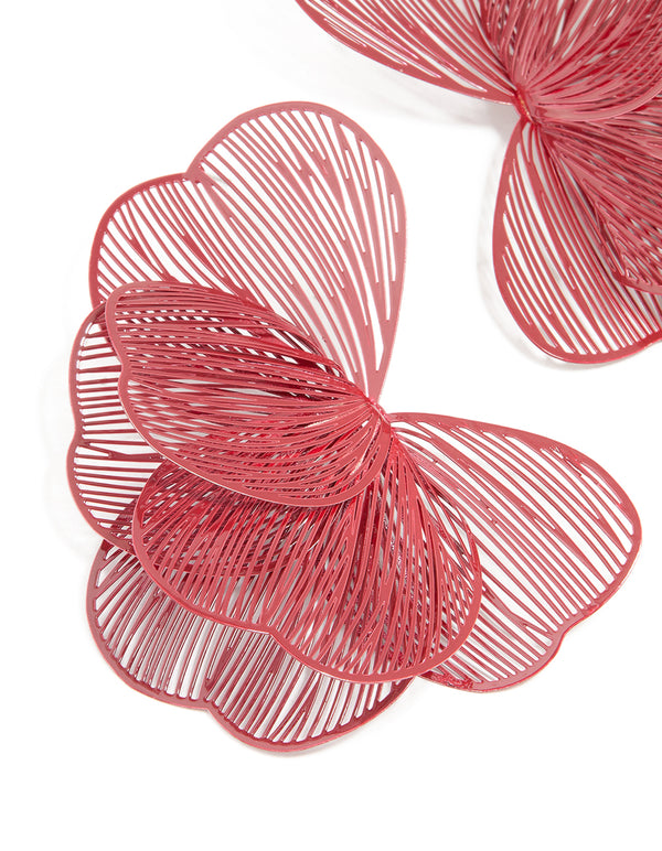 Red Coated Metal Wire Petal Stud Earrings
