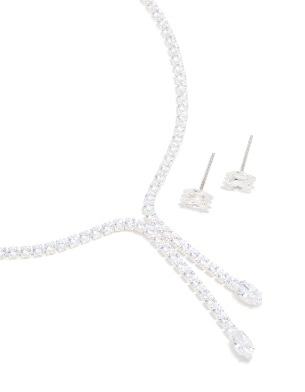 Silver Plated Cubic Zirconia Y-Necklace & Classic Earrings Set