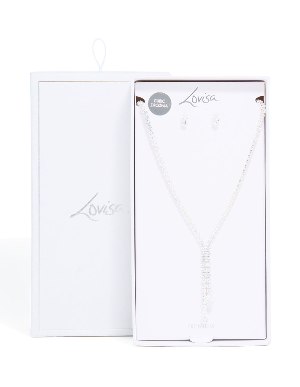 Silver Plated Cubic Zirconia Y-Necklace & Classic Earrings Set