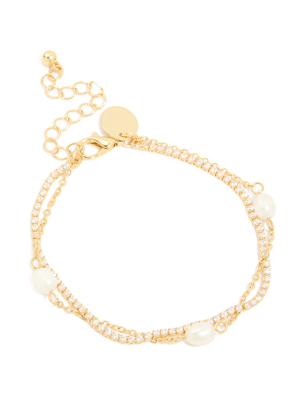 Gold Plated Cubic Zirconia & Freshwater Pearl Tennis Layered Bracelet