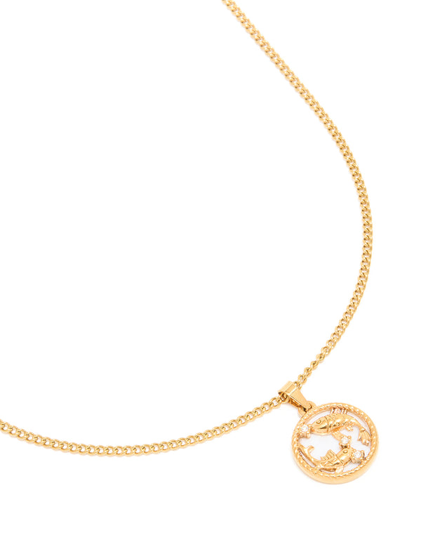 Showcasing a waterproof gold plated stainless steel Pisces circle zodiac sign necklace with featuring star sign elements close up view