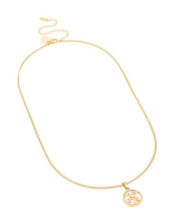Stunning waterproof gold plated stainless steel necklace with a Sagittarius star sign pendant front view