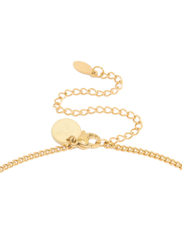 Detailed view of waterproof pendant with Sagittarius star sign in gold plated stainless steel necklace clasp detail view