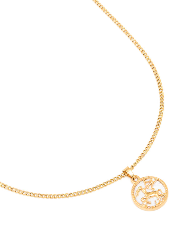 Beautifully crafted waterproof gold plated stainless steel necklace with a Sagittarius star sign pendant close up view