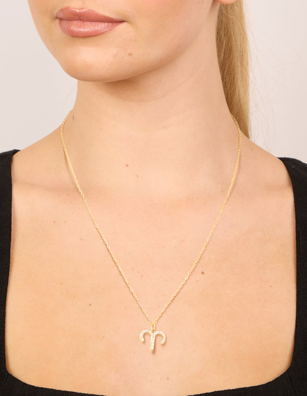Waterproof Gold Plated Stainless Steel Cubic Zirconia Aries Zodiac Sign Necklace