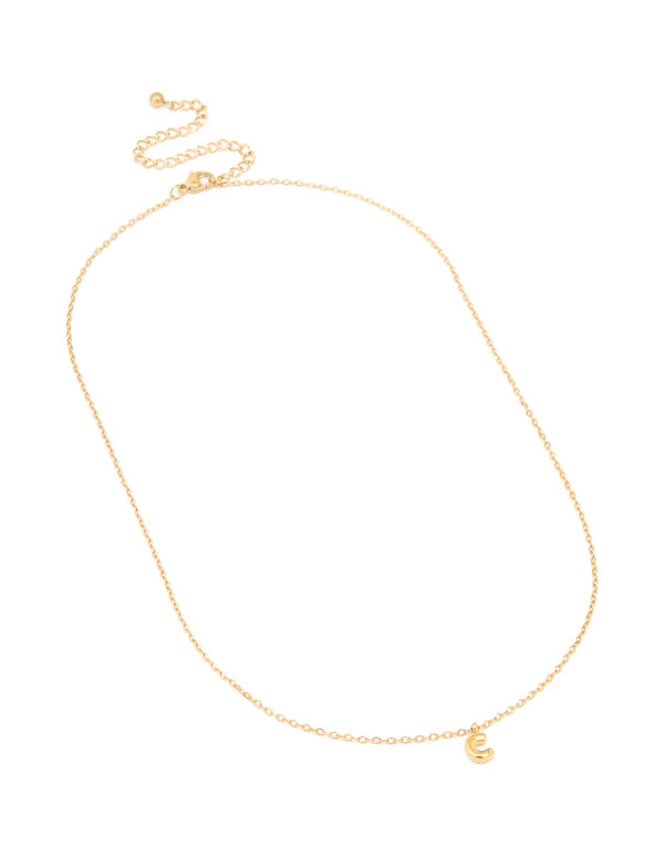 Featuring waterproof gold plated stainless steel, this mini bubble letter initial pendant C necklace front up view