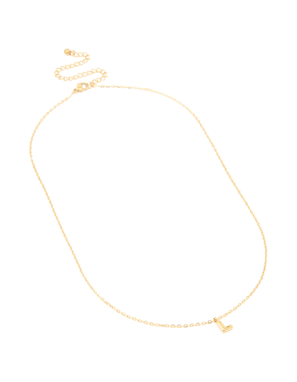 Crafted from waterproof stainless steel, this gold plated bubble letter L initial pendant necklace in dainty style close up view