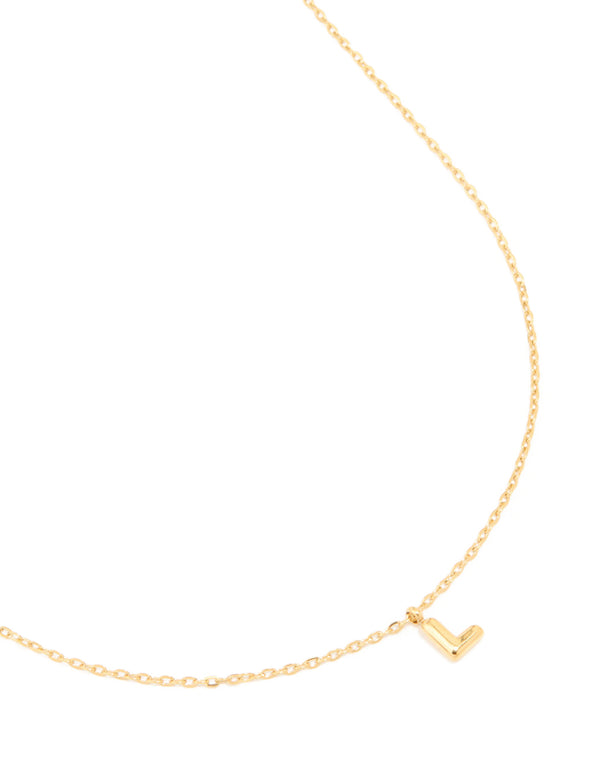 Showcasing a waterproof bubble letter L initial pendant necklace, crafted from stainless steel and gold plated in dainty style front view