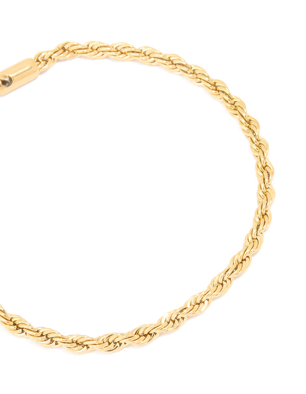 Presenting a waterproof gold plated stainless steel twisted chain bracelet close up view