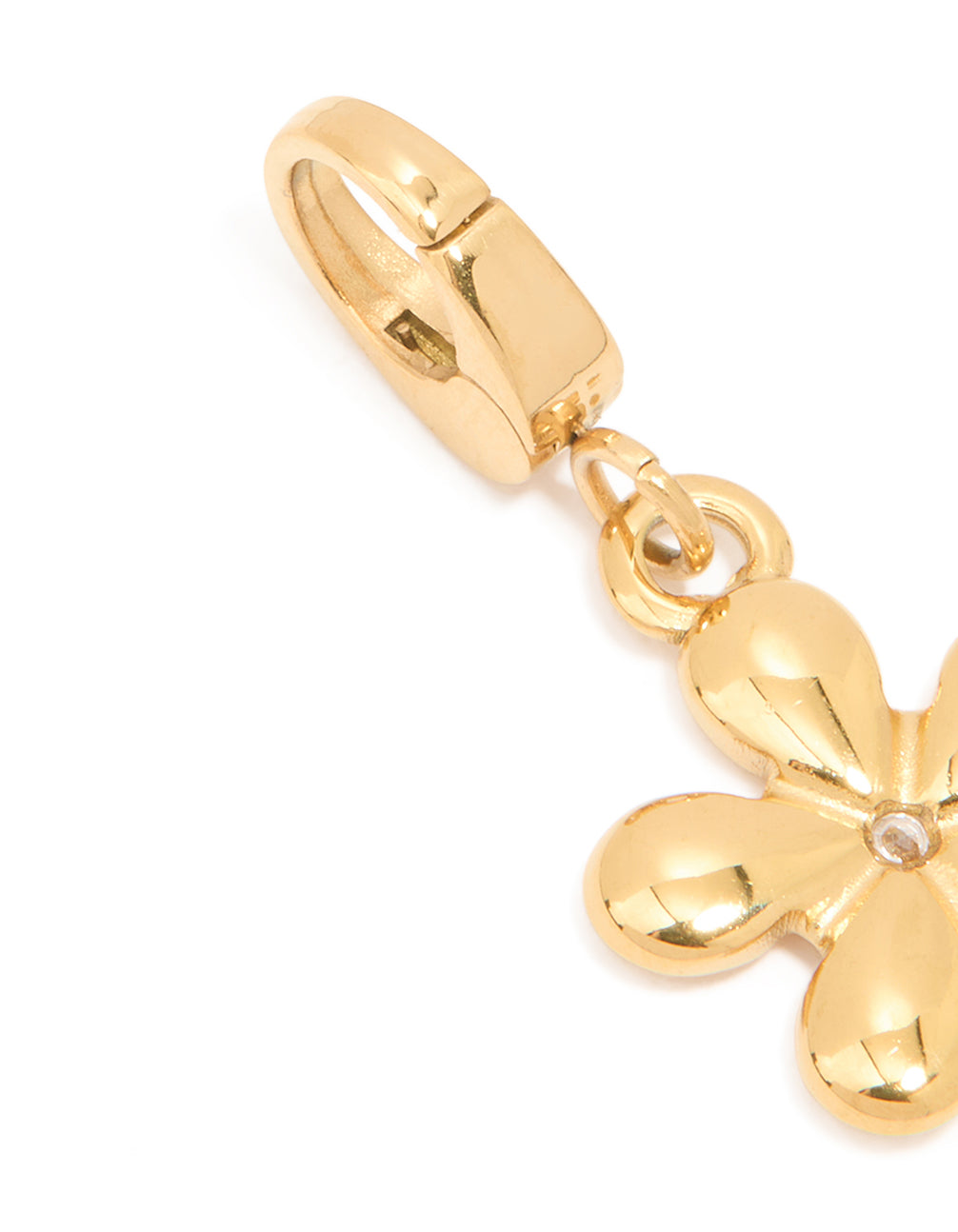 Elegantly crafted waterproof gold plated stainless steel floral diamante charm with clasp detail view
