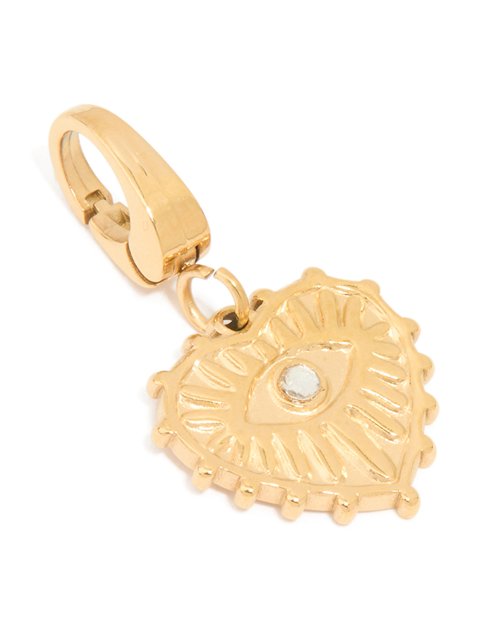 This waterproof charm necklace features evil-eye and heart details in gold plated stainless steel close up view