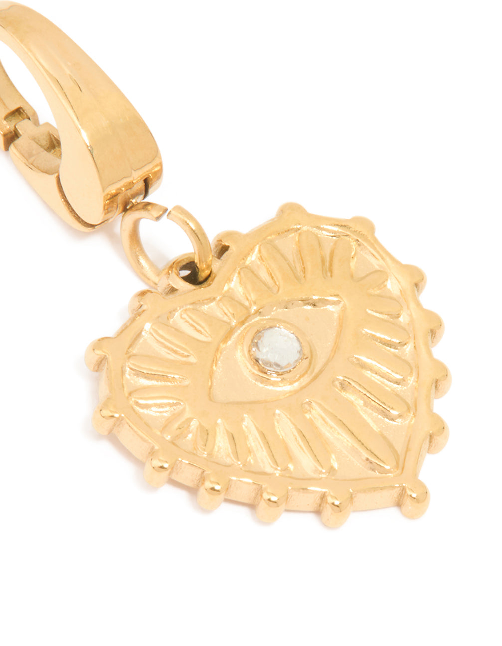 Showcasing a waterproof charm necklace with evil-eye and heart accents in gold plated stainless steel front view