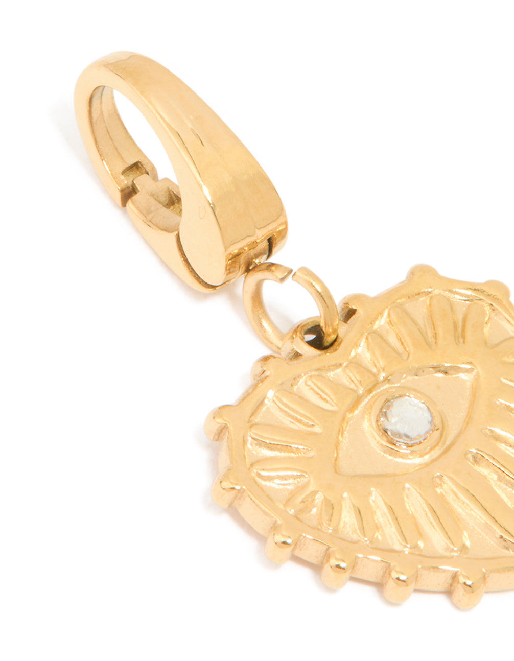 Detailed view of a waterproof charm necklace featuring evil-eye and heart elements in gold plated stainless steel clasp detail view