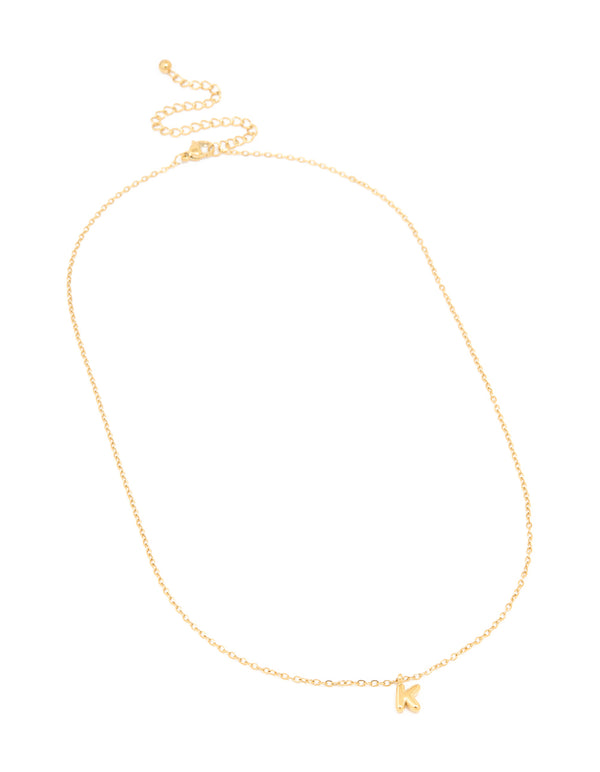 View this waterproof mini bubble letter K necklace in gold plated stainless steel with initial pendant and adjustable chain front view