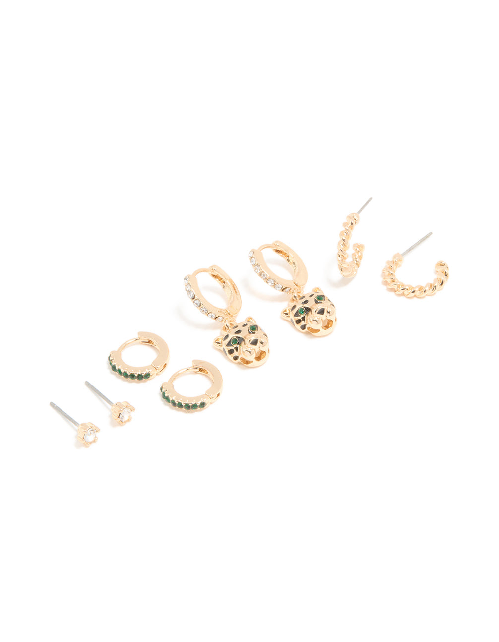 Gold Emerald Cubic Zirconia Panther & Huggie Earrings 4-Pack