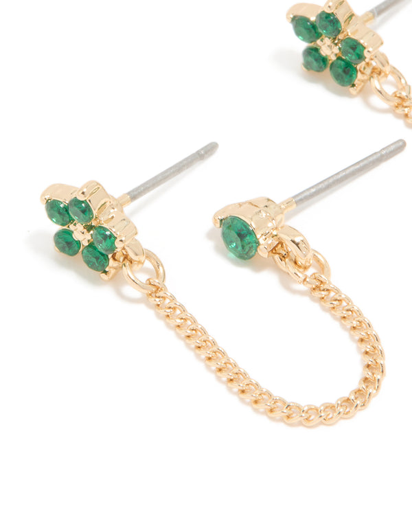 Designed with gold green cubic zirconia floral chain and huggie closure earrings 2-pack close up view