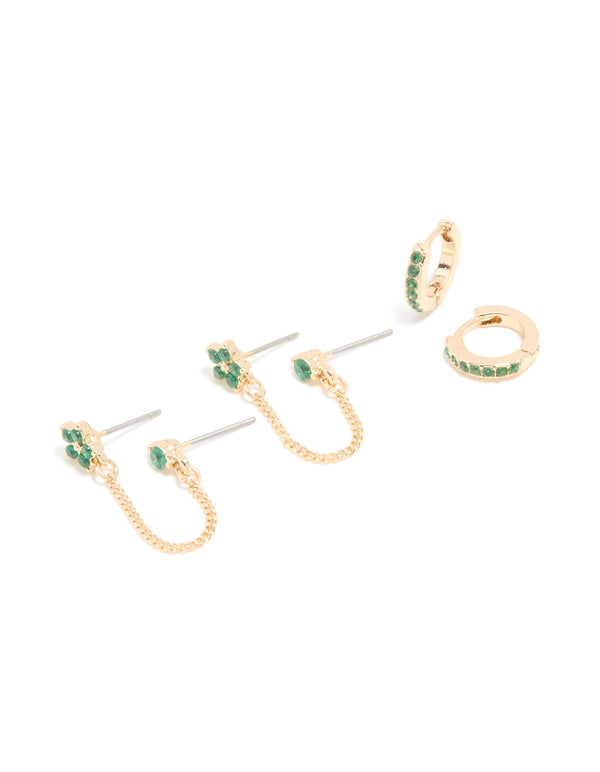 Showcasing gold green cubic zirconia floral chain and huggie earrings 2-pack front view