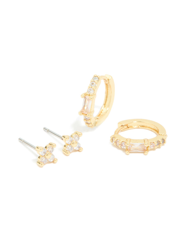 Presenting gold plated cubic zirconia star huggie and hoop earrings in a 2-pack with crystal clear design front view