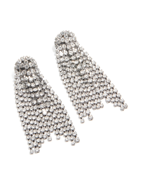 Gunmetal Silver Diamante Fringe Drop Earrings