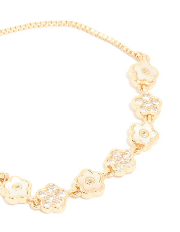 Gold Cubic Zirconia Floral Toggle Bracelet