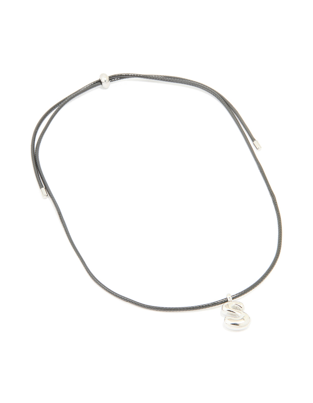 Featuring a waterproof stainless steel large bubble letter S pendant with initials on grey cord necklace front view