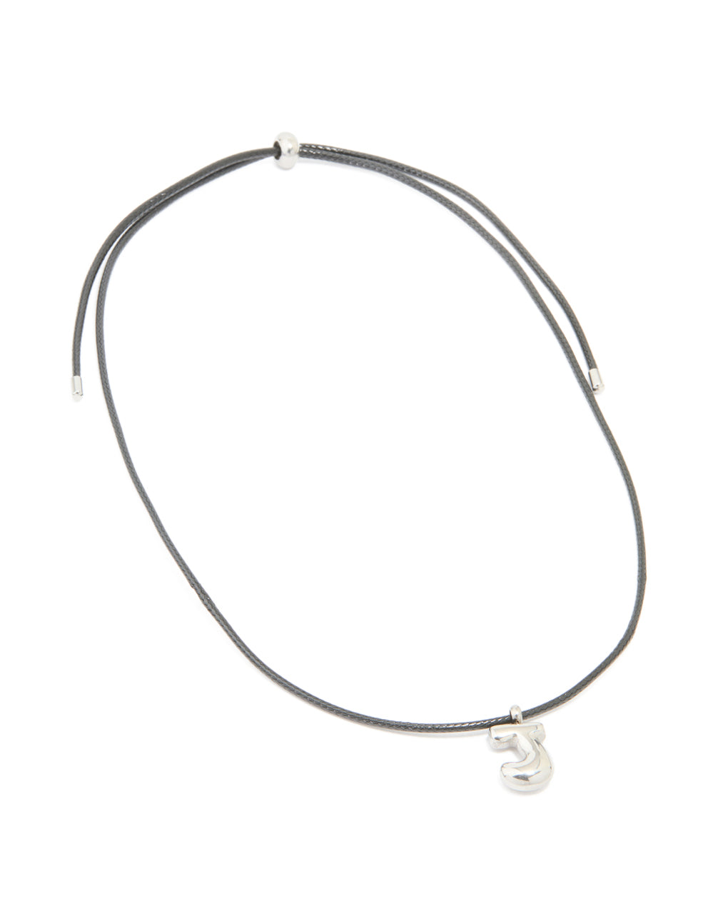 Designed with waterproof stainless steel large bubble letter J grey cord dainty style necklace featuring initial pendant in silver front view