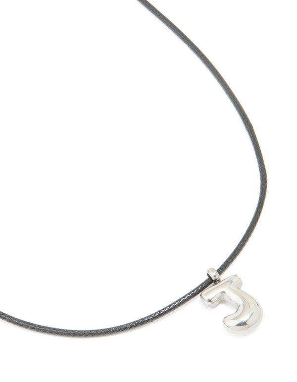Showcasing a waterproof stainless steel large bubble letter J grey cord dainty style necklace with initial pendant in silver close up view