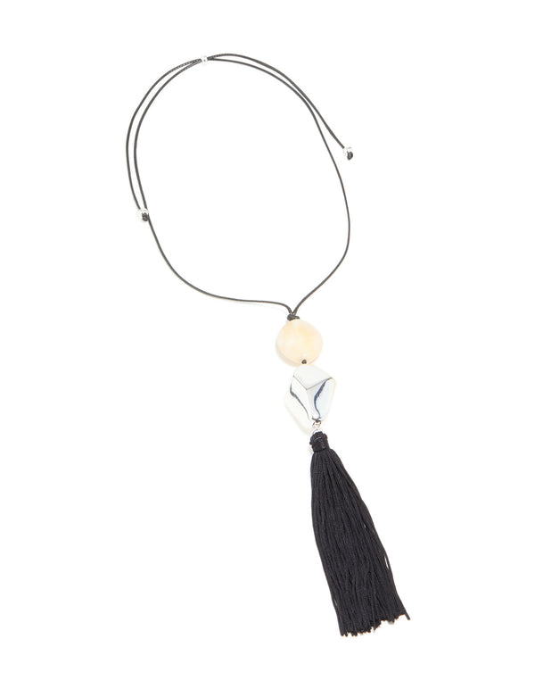 Silver Molten Cream Bead & Black Tassel Cord Necklace