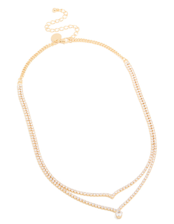 Gold Plated Cubic Zirconia Pointed & Drop Pendant Layered Necklace