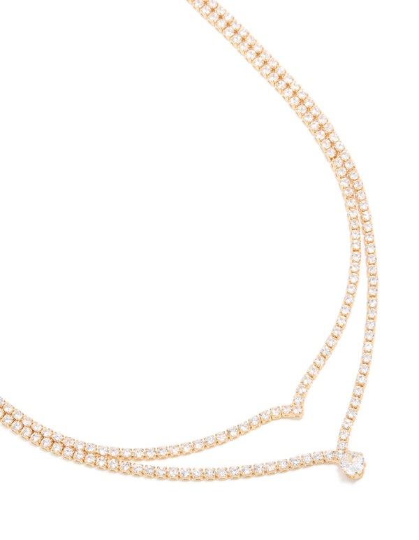 Gold Plated Cubic Zirconia Pointed & Drop Pendant Layered Necklace