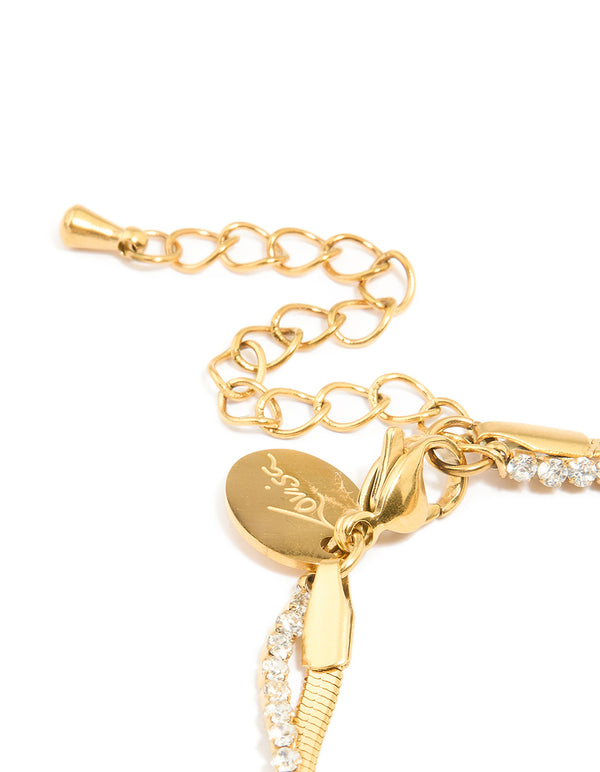 This waterproof gold plated stainless steel diamante and snake chain layered bracelet closure detail view