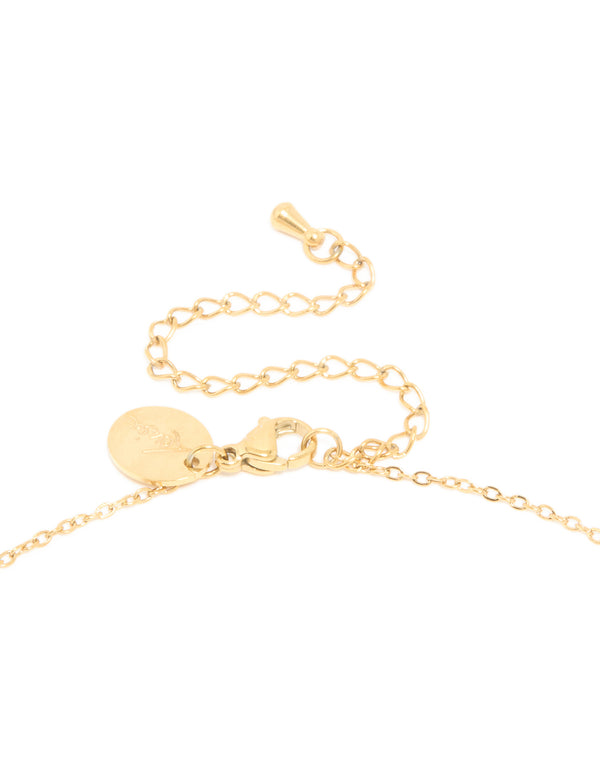 Crafted from waterproof gold plated stainless steel, this letter E initial pendant necklace with dainty design clasp detail view